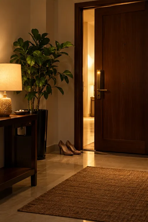 The open front door of a small, neat flat at night
